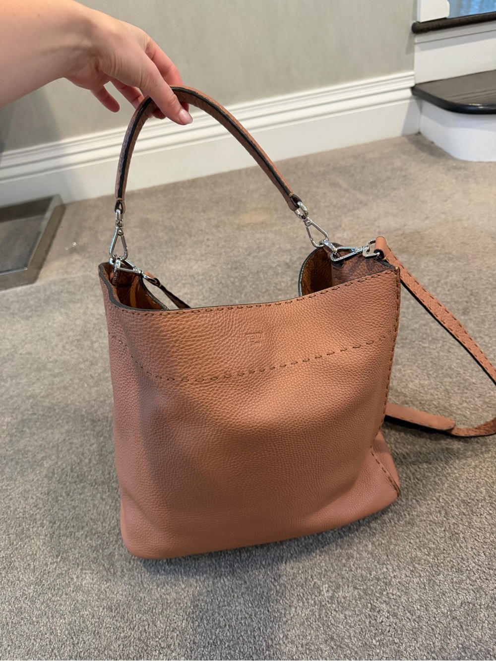 Fendi Pebbled Leather Anna Hobo Tote in Tan